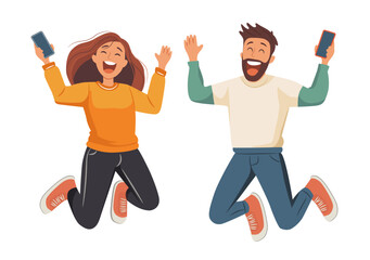 Happy woman and man with smartphones in their hands. Cheerful people jumping for joy. Vector illustration on white background.