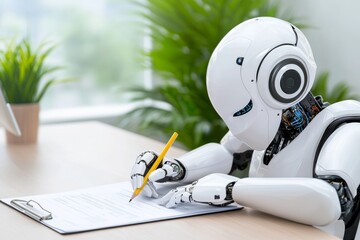 A white robot, seated at a table, writes with a pencil on paper, illustrating the concept of a robot writer.