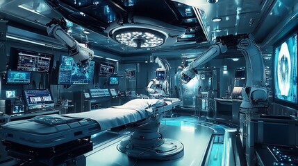 Robotic surgery room, futuristic tech, medical operation