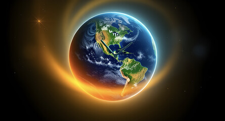 Fototapeta premium AI Generated: Clock-Shaped Earth with Glowing Lights and Stars in a Deep Blue and Yellow Palette