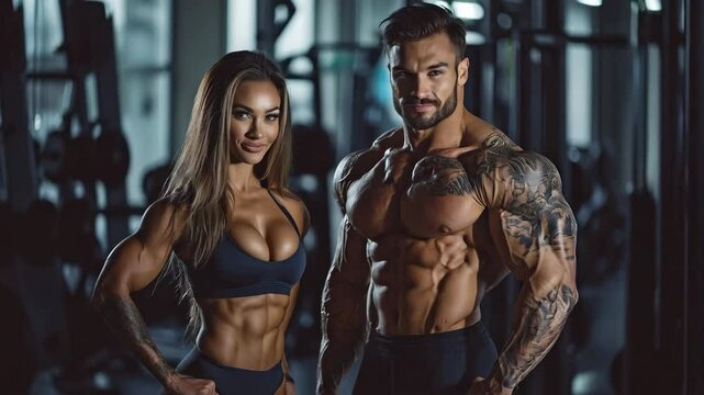 sporty woman and muscular man in sport gym