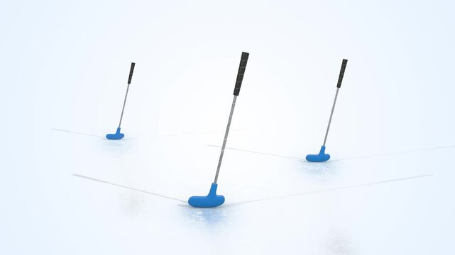 Golf Putters on a Light Reflective Floor. Mini Golf Putters 3D Animation. 4K