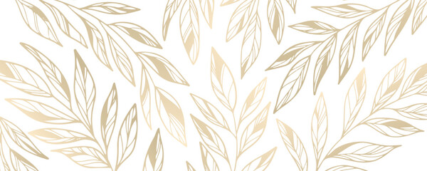  Banner with gold branches and leaves on transparent background, vintage line art plant foliage illustration