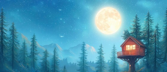 Naklejka premium An illustration of a treehouse nestled in tall trees under a soft, glowing moon