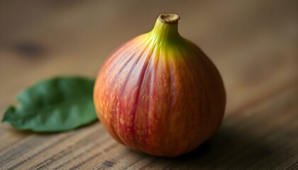 Obraz premium a close up of an apple with a leaf on a table