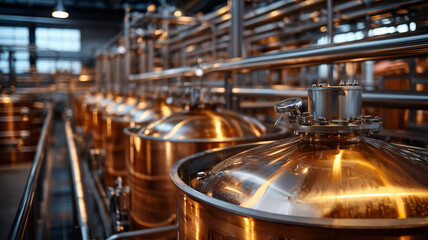 Copper stills shining in modern distillery producing alcoholic beverages

