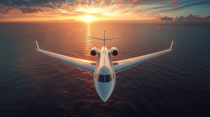 Luxurious Private Jet Soars Above the Ocean at Sunset