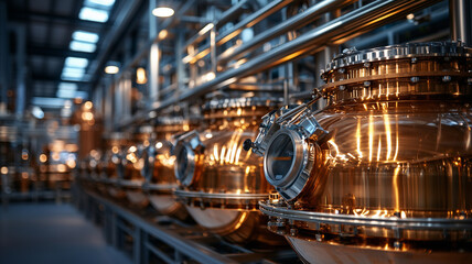 Copper stills shining in modern distillery producing alcoholic beverages
