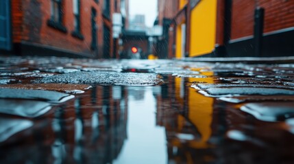 Obraz premium A cobblestone alley reflects the vibrant colors of buildings and street lights in the wet pavement, showcasing an artistic and moody cityscape on a rainy day.