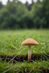 there is a mushroom that is sitting in the grass