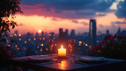 Obraz premium Romantic sunset dinner, city view