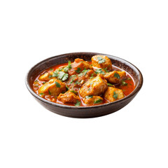 Spicy Chicken Curry: A close-up of a steaming bowl of chicken curry, with tender pieces of chicken simmering in a rich, fragrant tomato-based sauce, garnished with fresh cilantro.  