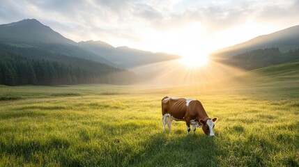 Obraz premium A brown and white cow grazes in a sprawling meadow as the sun sets behind towering mountains, creating a breathtaking backdrop of light and shadow in the stunning natural landscape.