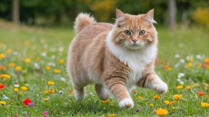 Fawn british longhair cat in flower field