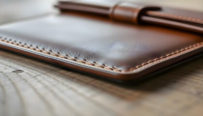 a brown wallet sitting on top of a wooden table