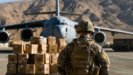 Soldier guarding humanitarian aid supplies near military aircraft

