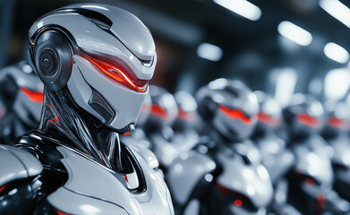 Fototapeta premium A futuristic robot with glowing red eyes in a line of identical robots inside a high-tech facility.
