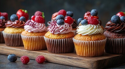 muffins with cream on a wooden tray