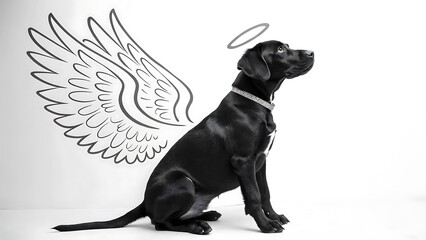 Obraz premium A black labrador puppy in a pose with white angel wings