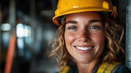A young woman smiling brightly while wearing a yellow hard hat and work gear stands confidently at a construction site, exemplifying empowerment and strength in the industry.