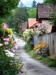 Fototapeta premium Quiet rural street with wooden cottages and colorful flowers creating a peaceful countryside atmosphere in the summer. Generative AI