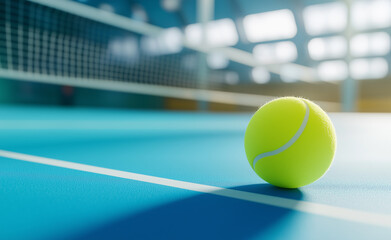 Yellow tennis ball positioned by the net on a vibrant blue tennis court with blurred background lighting.