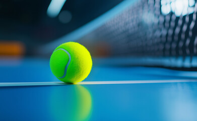 Yellow tennis ball positioned by the net on a vibrant blue tennis court with blurred background lighting.