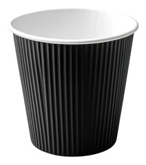 Black paper coffee cup on a bright white background, perfect for takeout or cafe enjoyment, showcasing a modern design