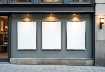 Outdoor Poster Mockup: Three Large White Sheets, Wall, Under Glass, Street Scene, City, High Quality, Realistic, Close-up, Photo Mockup