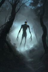 Fototapeta premium Trügerisches Wesen im Nebel des Waldes mit leuchtenden Augen