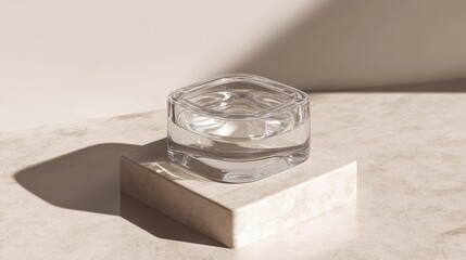 Clear glass cube filled with water on marble.
