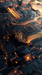 Close-up of illuminated circuit board with central processor.