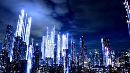 Futuristic city with blue light beams, horizontal video, ideal for tech events, smart city initiatives and digital transformation campaigns
