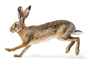 A jackrabbit bounding forward with its long ears and strong legs extended, showcasing agility on a white backdrop.