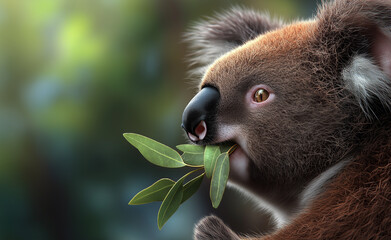 Obraz premium A koala chewing on eucalyptus leaves in a lush green natural setting, symbolizing wildlife and conservation.