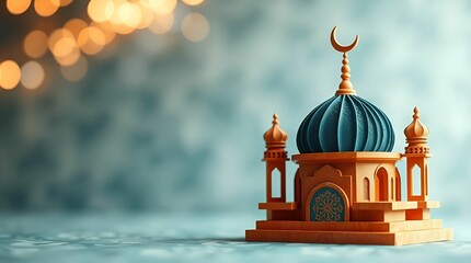 Obraz premium 3D Islamic Ramadan wallpaper, layered papier-mâché texture, blurred bokeh effect, terracotta and teal color palette, elegant design, refined features, earthy cool contrast, sculpted, textured layers, 