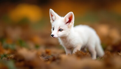 Adorable White Fox Kit in Autumn Leaves: A Serene Wildlife Portrait