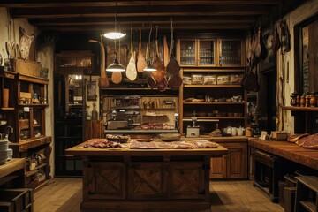 Rustic Butcher Shop Interior with Hanging Meats and Vintage Details