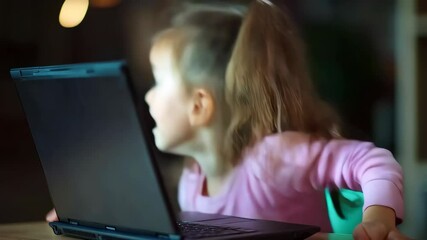 cute little amazed girl with laptop browsing in internet