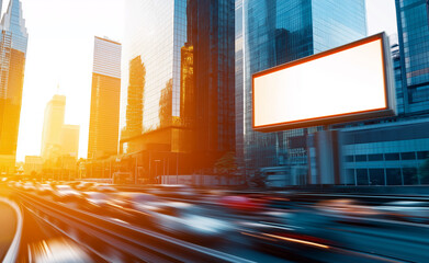A busy urban street with skyscrapers, fast-moving cars, and a blank billboard under bright sunlight.