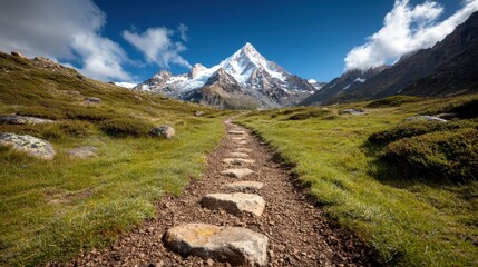 An inviting pathway made of stones weaving through lush green hills, leading towards stunning mountainous backdrops under a beautiful sky, ideal for adventure seekers.