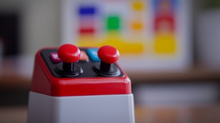 Close-up of joystick controller on gaming console with colorful game icons, symbolizing entertainment and leisure in modern living room setup.	
