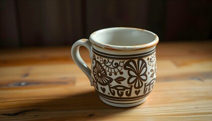 a coffee cup sitting on top of a wooden table