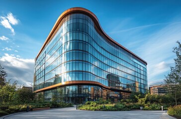 Fototapeta premium Modern Architectural Marvel of a Sleek Office Building Surrounded by Lush Greenery with a Dynamic Glass Facade Against a Bright Cloudy Sky