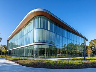 Fototapeta premium Modern Architectural Marvel Showcasing Sleek Glass Facade and Outdoor Landscaping in Bright Daylight with Clear Blue Sky and Lush Greenery Around