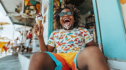 Obraz premium A playful kid happily enjoys an ice cream cone while wearing stylish sunglasses, embodying the essence of summer fun and carefree moments captured in vibrant colors.