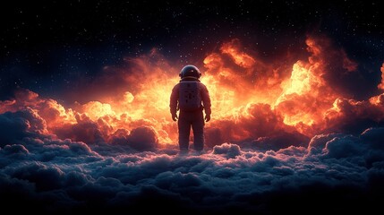 Obraz premium Astronaut above fiery clouds, space exploration, cosmic background, science fiction art