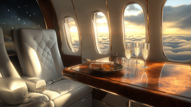 Luxuri&ouml;ser Sitzbereich in einem Privatjet &uuml;ber den Wolken


