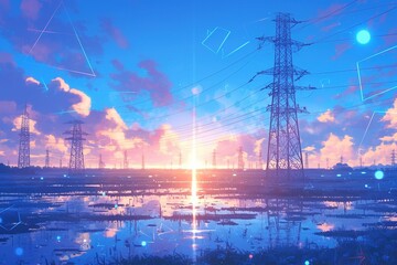 Obraz premium Sunset over power lines and field reflecting light.