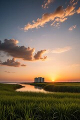 Fototapeta premium sunset over a marsh with a building in the distance